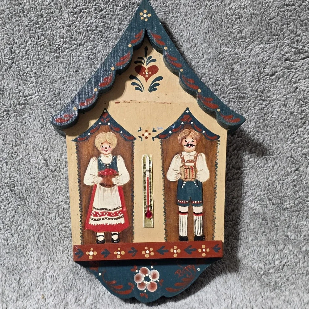 Vintage Folk Art Thermometer Wooden Hand Painted Decor 80s Hanging